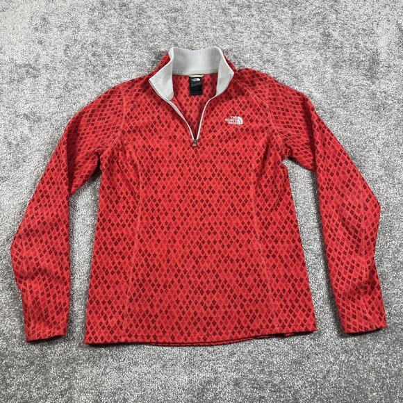 North Face 1/4 Zip Pullover Womens Medium Fleece Diamond Print Outdoors Red - Picture 2 of 9